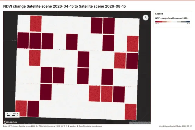 NDVI change Satellite scene 2026-04-15 to Satellite scene 2026-08-15