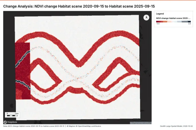 Change Analysis: NDVI change Habitat scene 2020-09-15 to Habitat scene 2025-09-15