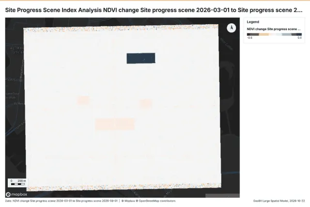 Site Progress Scene Index Analysis NDVI change Site progress scene 2026-03-01 to Site progress scene 2026-09-01