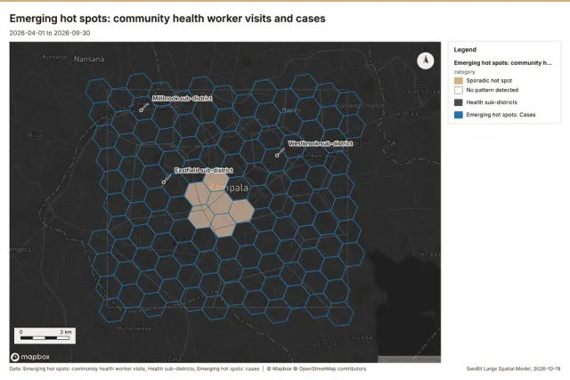 Emerging hot spots: community health worker visits and cases