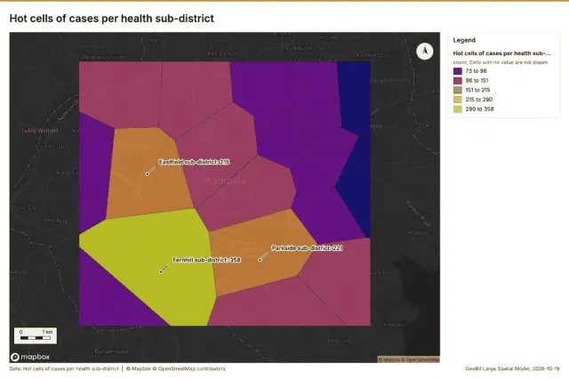 Hot cells of cases per health sub-district