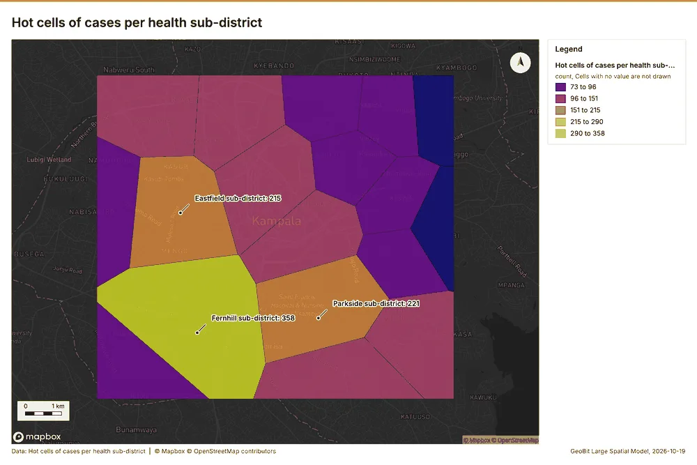 Hot cells of cases per health sub-district