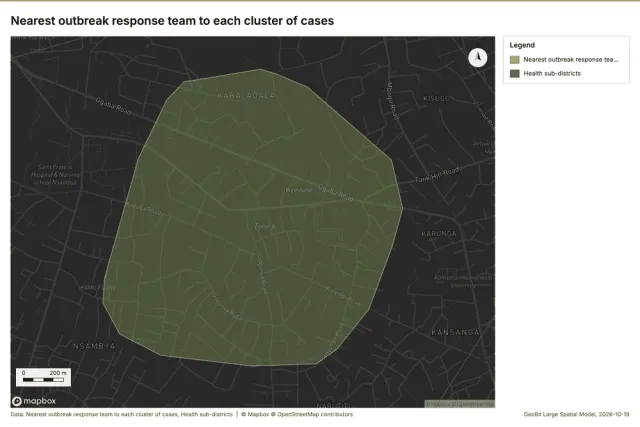 Nearest outbreak response team to each cluster of cases