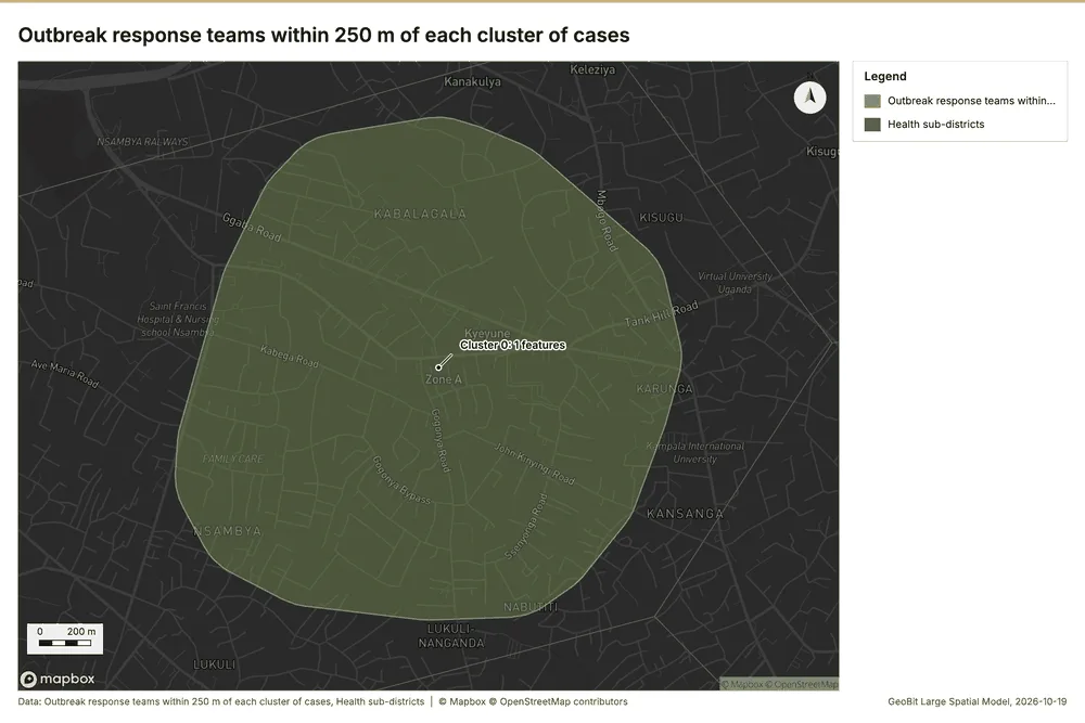 Outbreak response teams within 250 m of each cluster of cases