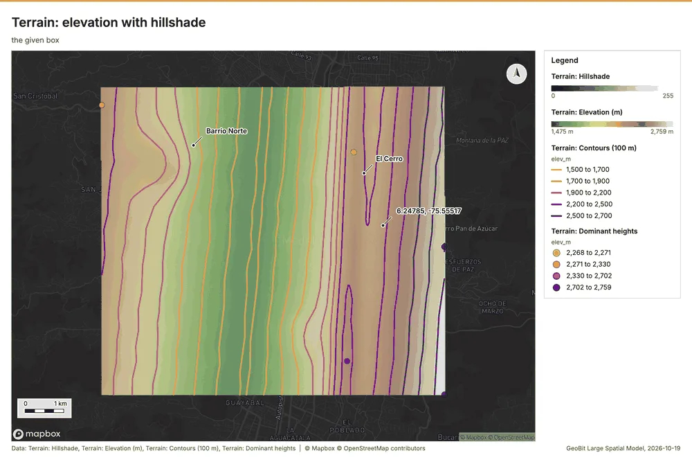 Terrain: elevation with hillshade, Telecom sample